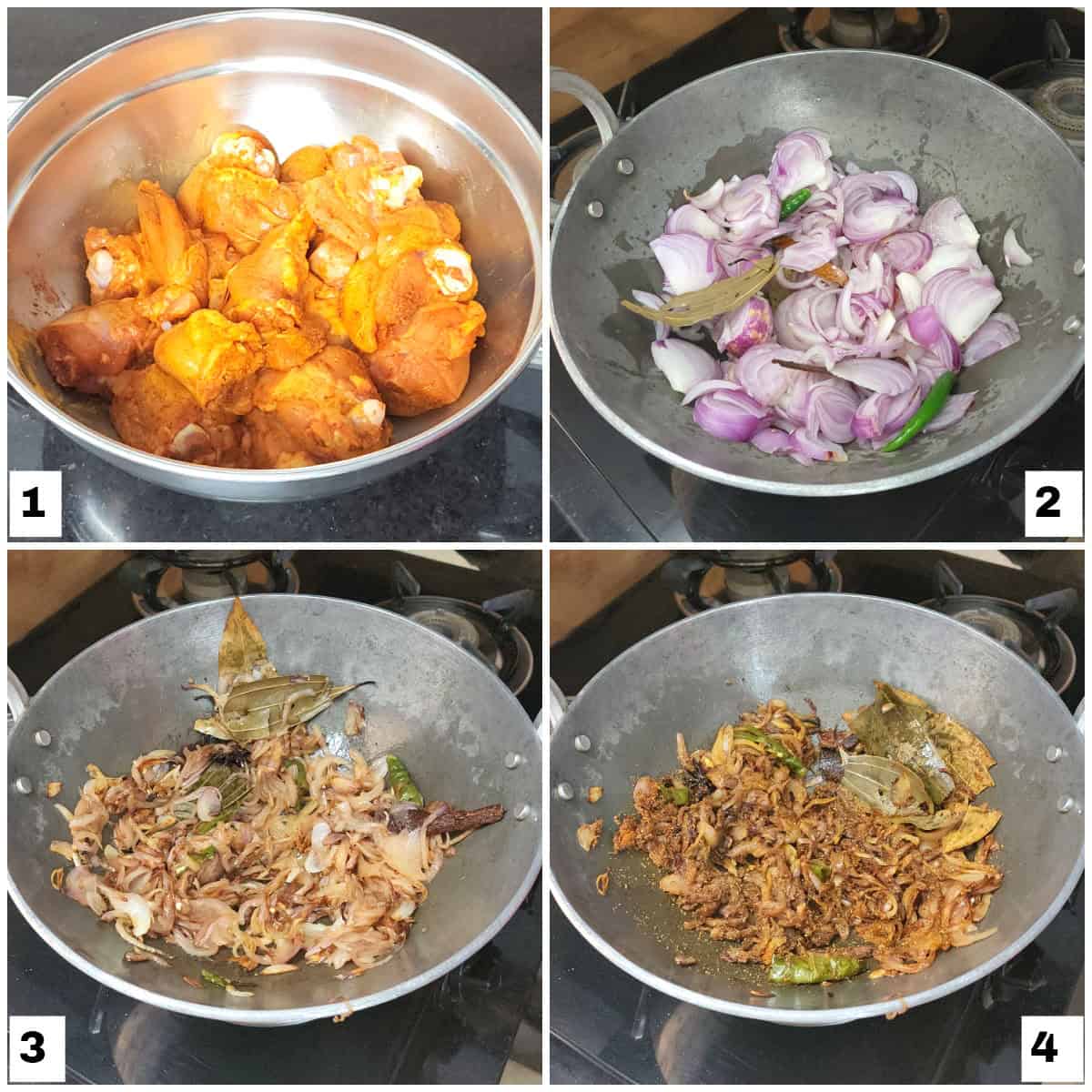 Step-by-step collage picture on making of chettinad biryani. 