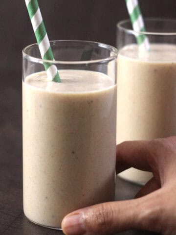 Easy Banana Smoothie Recipe. Protein-packed smoothie with banana, milk, dates, and oatmeal.