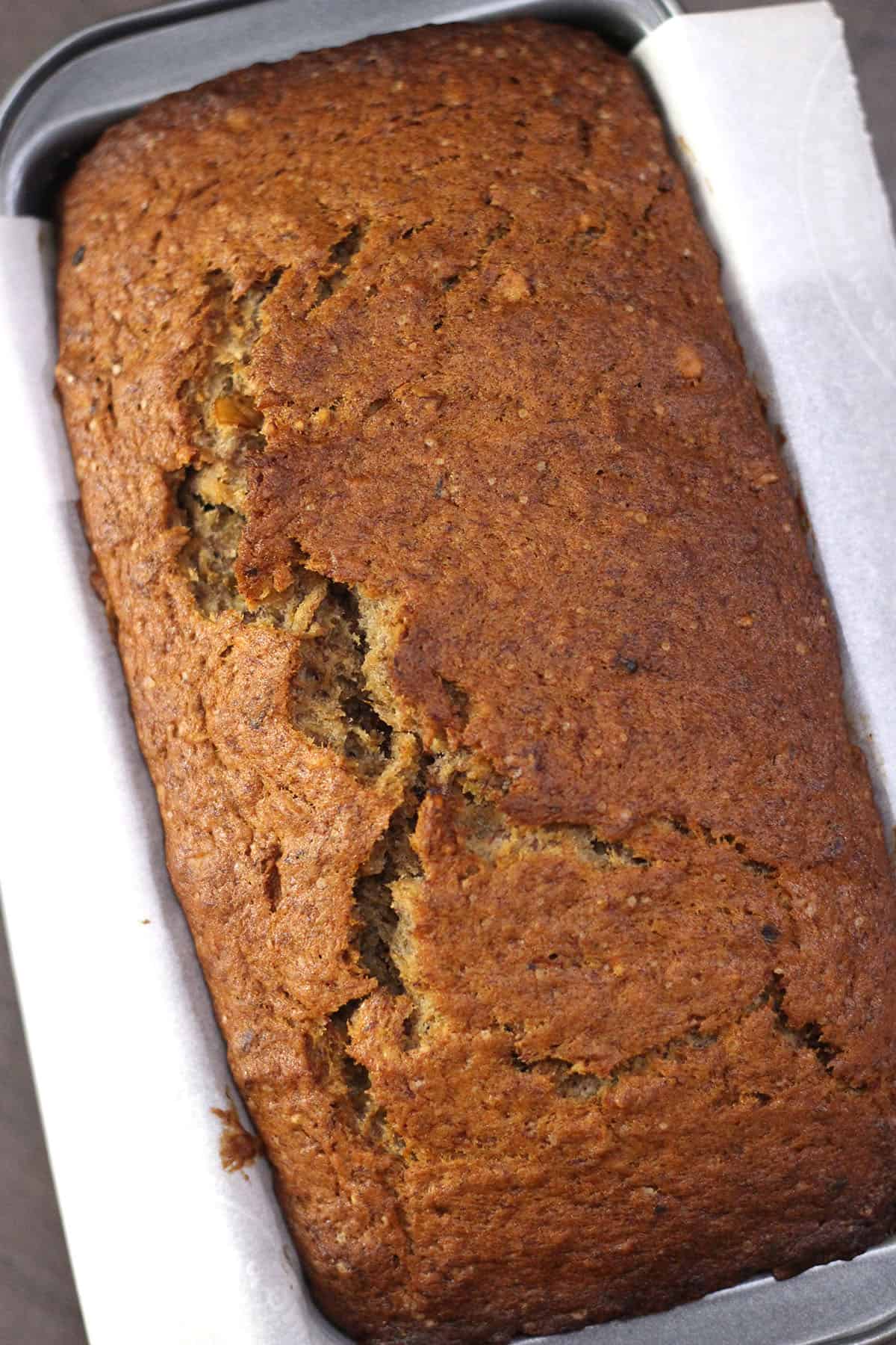 Moist banana walnut bread loaf recipe.