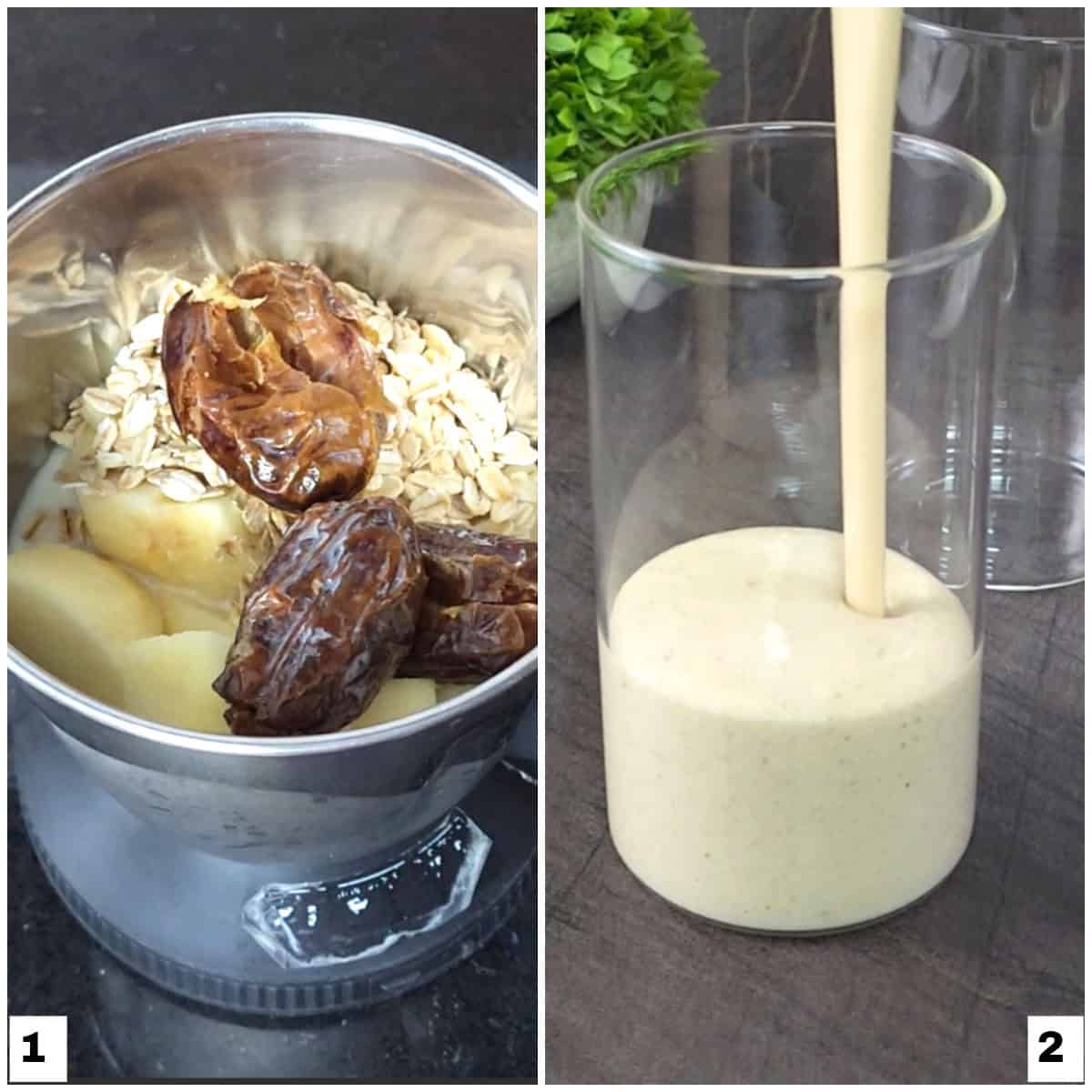 Making of breakfast smoothie with apple, pear, milk, oats and dates.