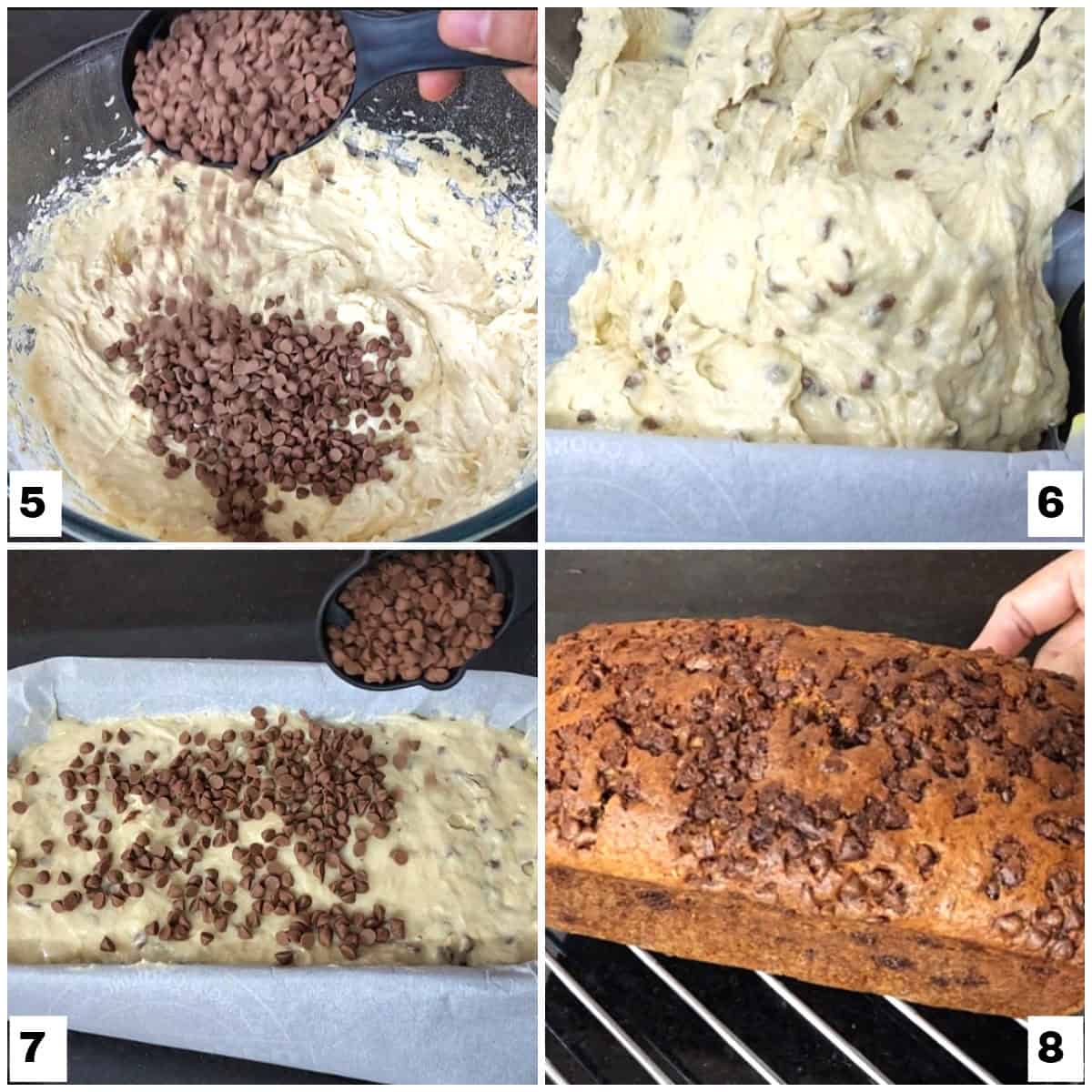 Making of batter for chocolate chip banana bread recipe.