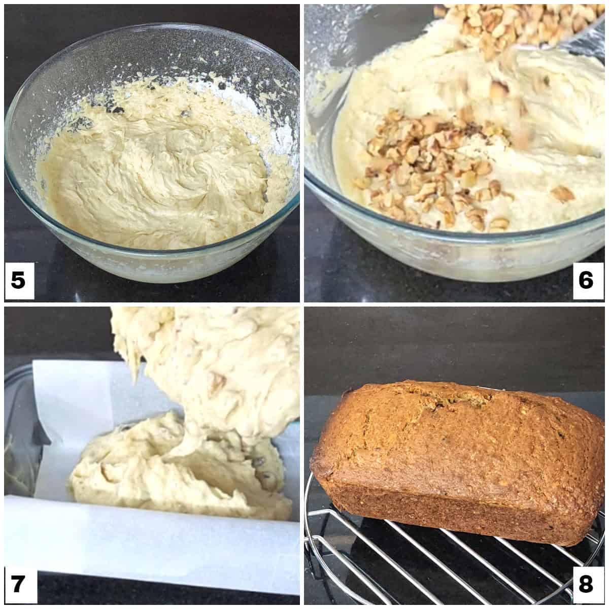 loaf cake with ripe bananas and toasted walnuts.