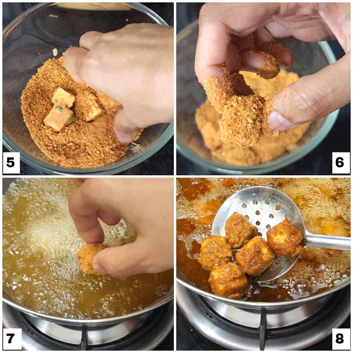 Coat and deep fry paneer bites to form crispy nuggets.