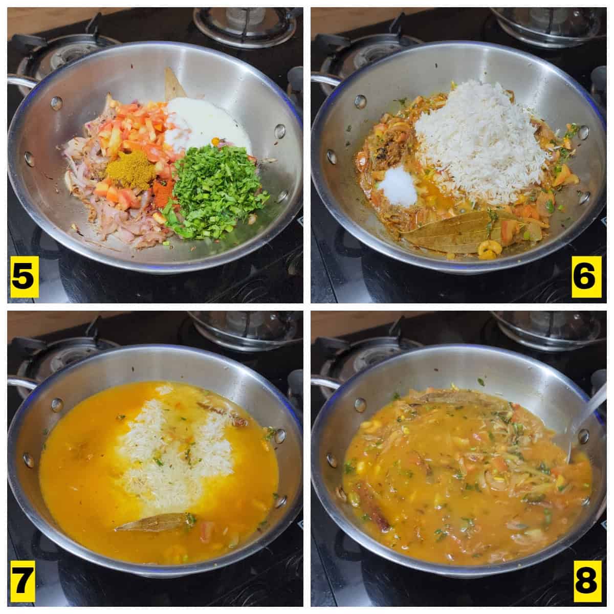 Add spice powders and tomatoes with basmati rice.
