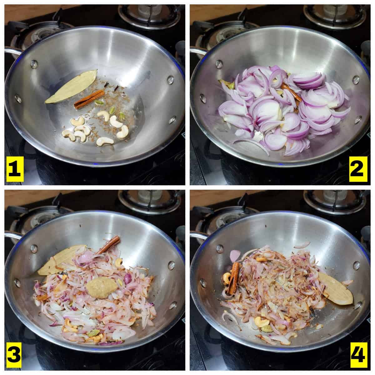 Sauté spices and caramelize onions for basmati rice.