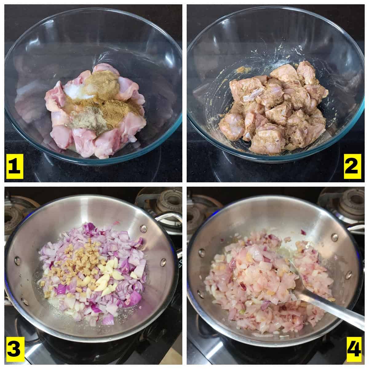 Marinate the chicken and saute the onions.