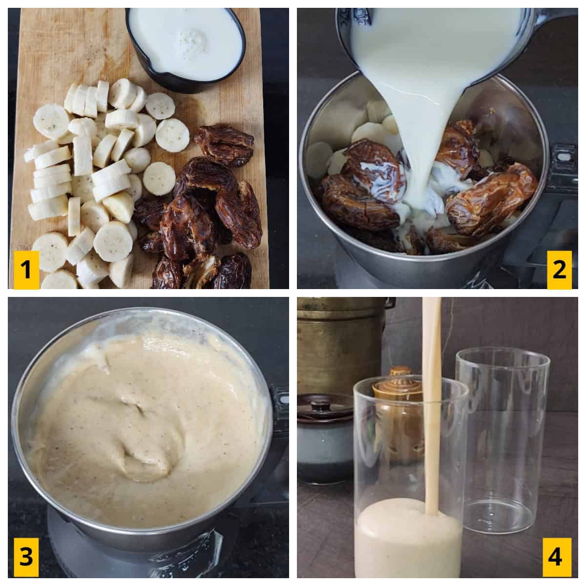 Making of sugar free smoothie with banana, dates and milk.