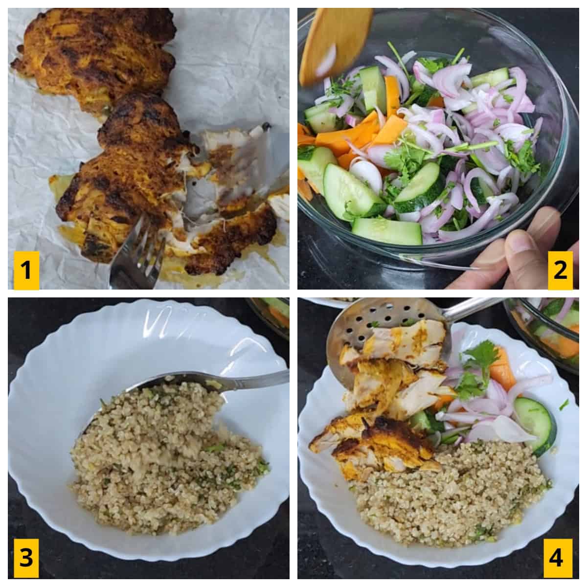 Making of salad bowl with quinoa and grilled chicken.