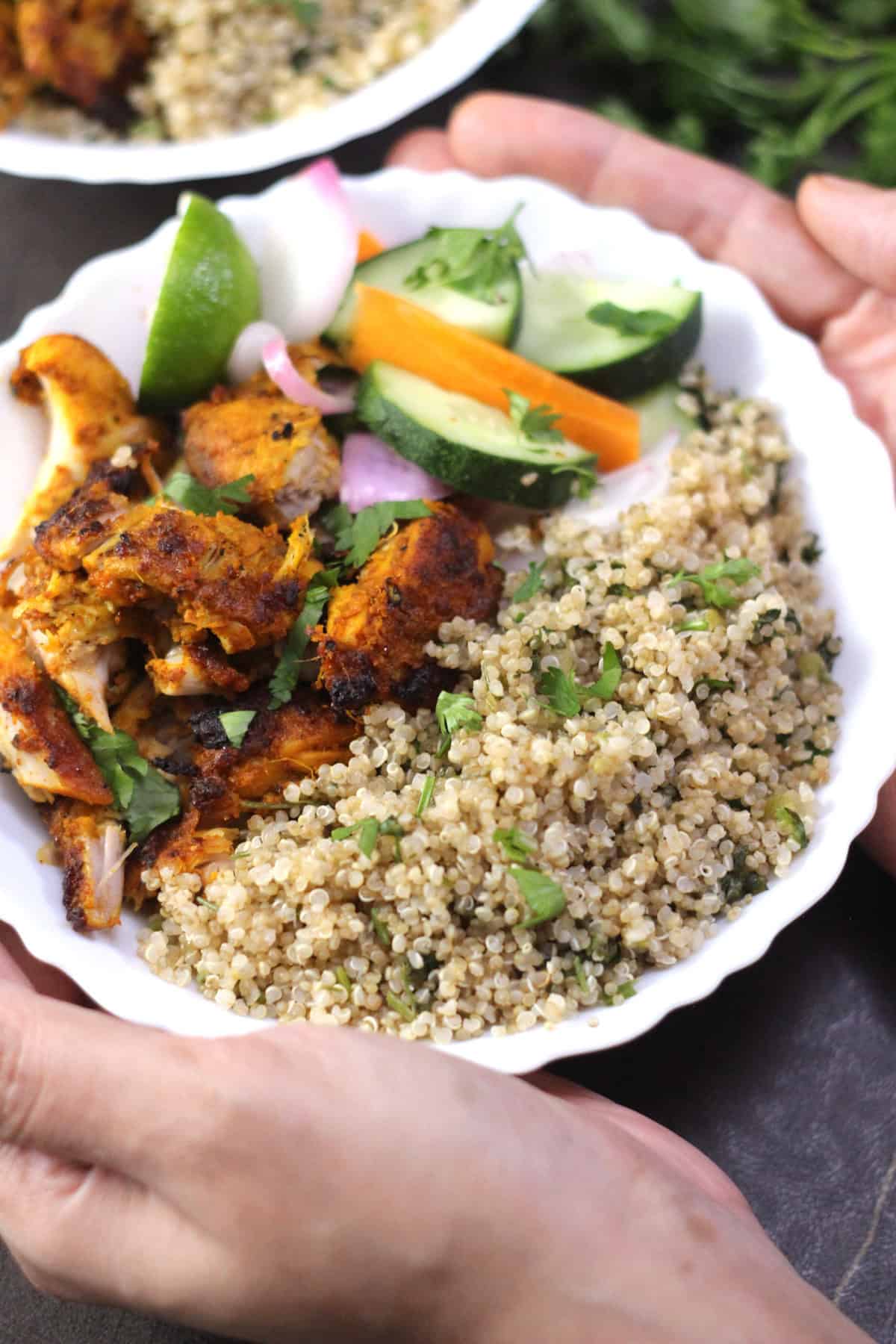 Grilled Chicken, fluffy quinoa and fresh vegetables - protein rich lunch and dinner recipe.
