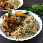 Quinoa chicken salad bowl recipe, high-protein, meal prep salad bowl with quinoa and chicken.