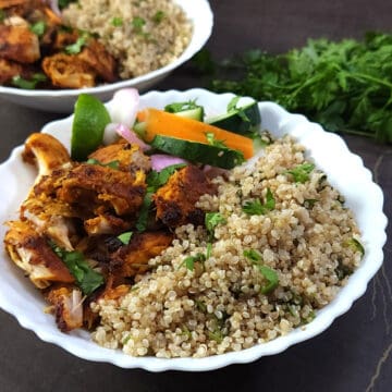 Quinoa chicken salad bowl recipe, high-protein, meal prep salad bowl with quinoa and chicken.