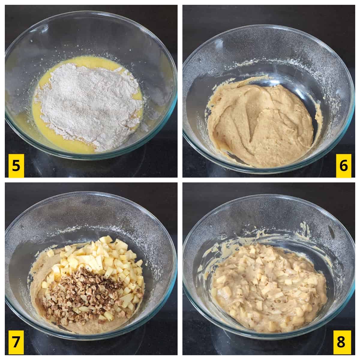 Making of batter for apple walnut cake.