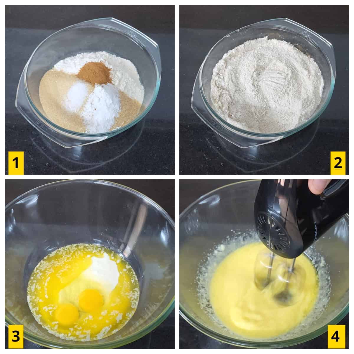 Mixing dry and wet ingredients to make the cake.