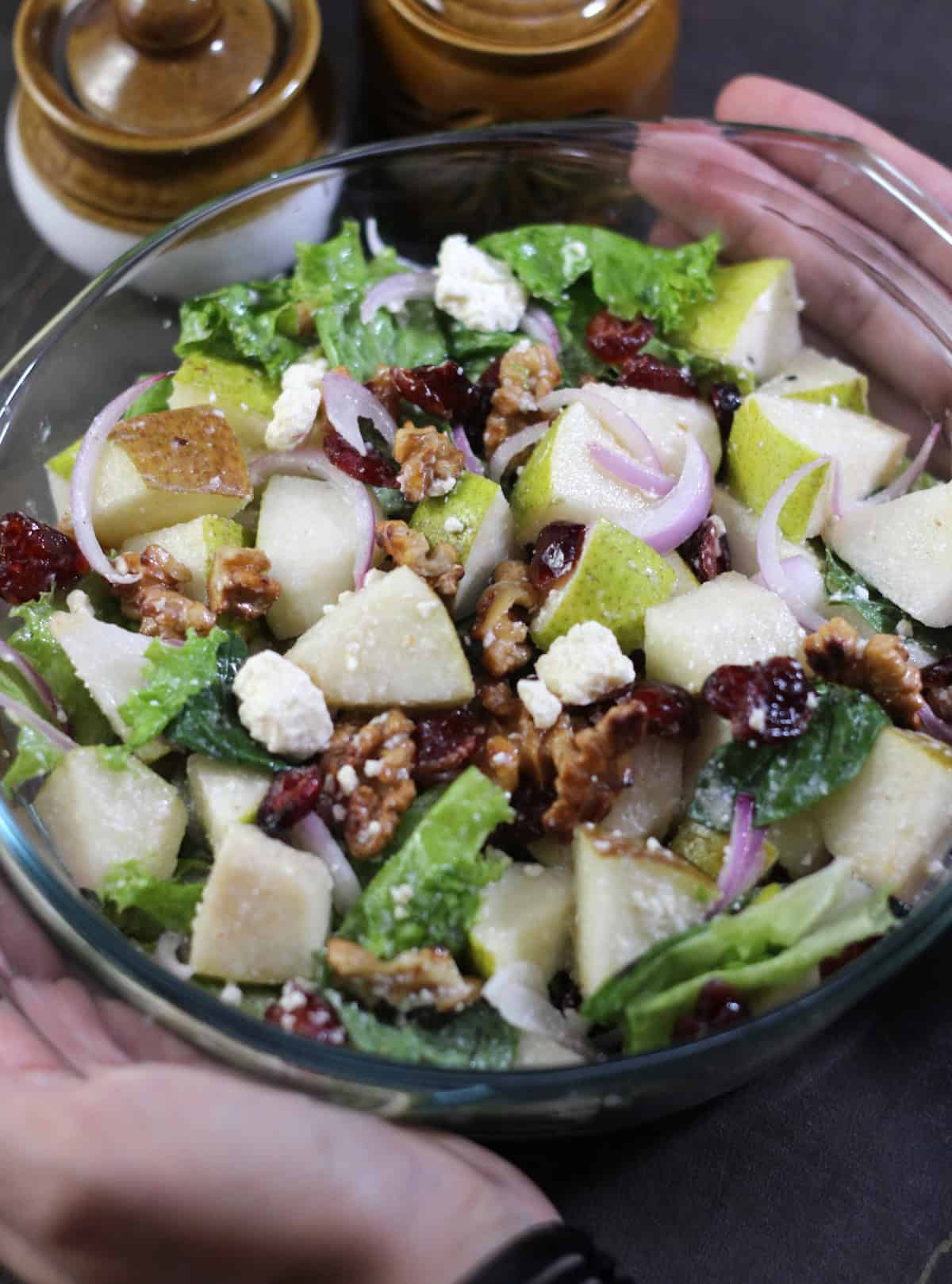 Pear salad with walnuts, cranberries, and feta. Easy summer & fall salad, lunch, and dinner recipe.