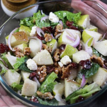 Pear Salad recipe with walnuts, cranberries, and feta. Summer and fall salad recipe.