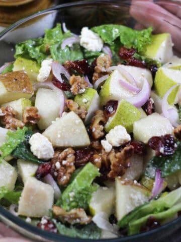 Pear Salad recipe with walnuts, cranberries, and feta. Summer and fall salad recipe.