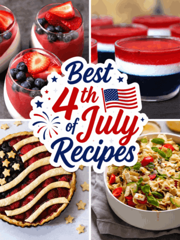Patriotic 4th of July desserts with berries, layered jello, and pasta salad.