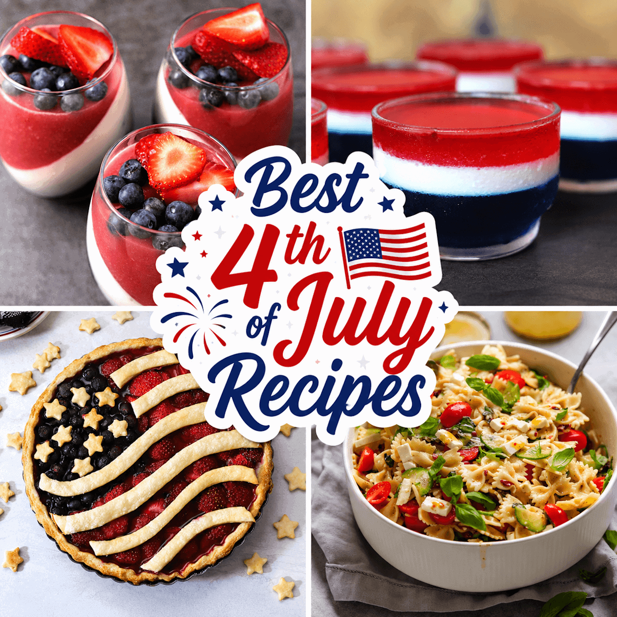 Patriotic 4th of July recipes consisting of desserts with berries, layered jello, and pasta salad.