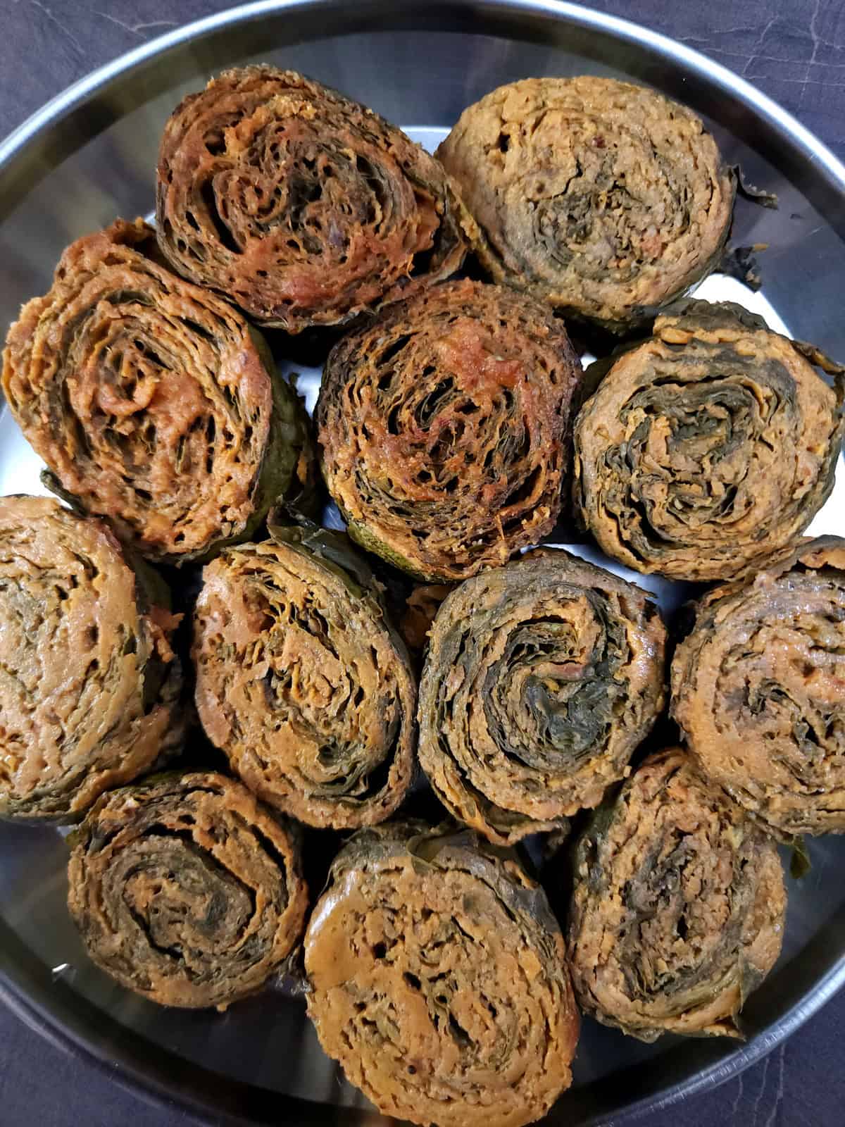 Patrode (patrado) - Indian pinwheels or rolls made with colocasia or taro leaves.