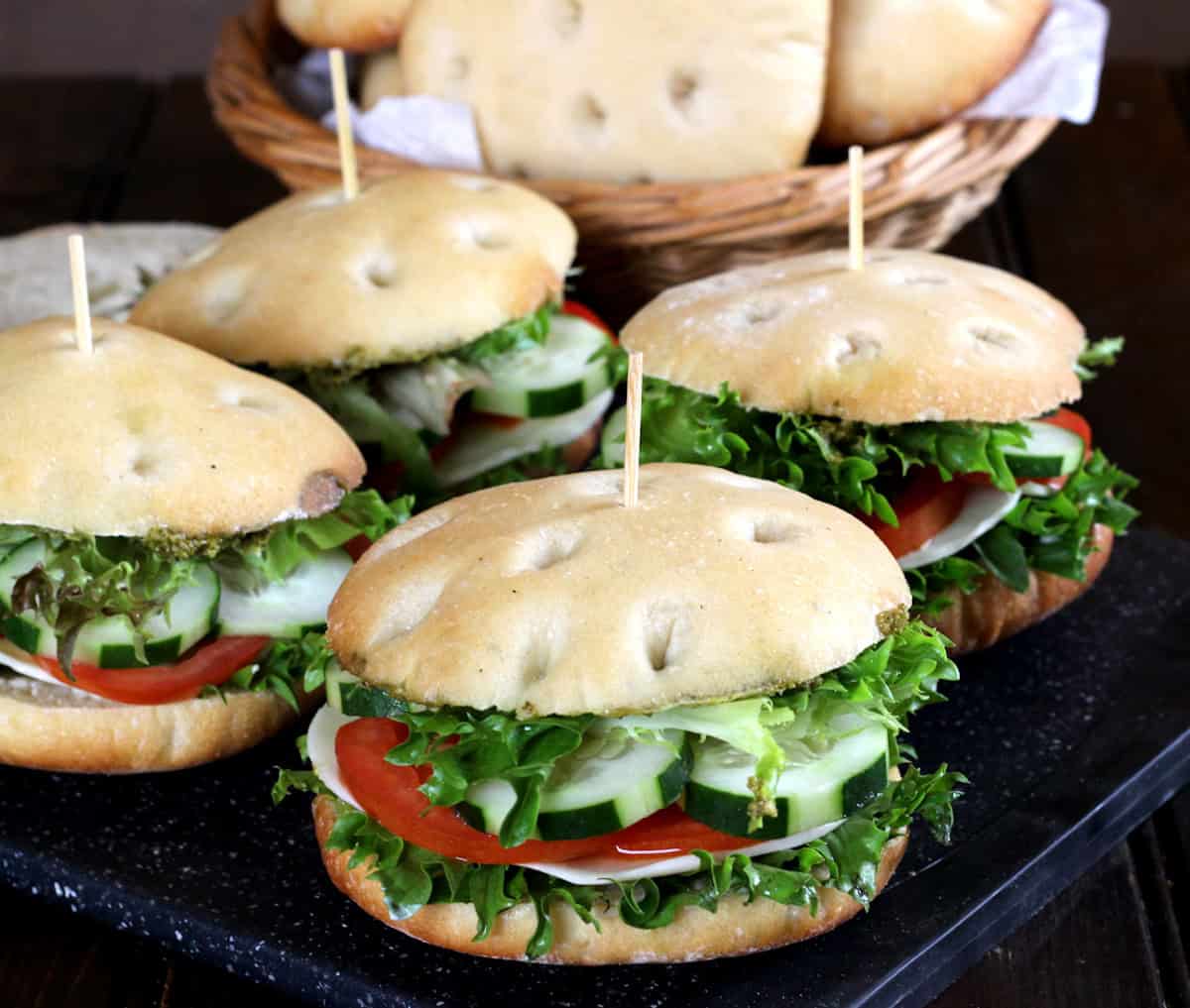 Ciabatta bread sandwich with pesto, mozzarella and tomatoes. Italain sandwich recipe.