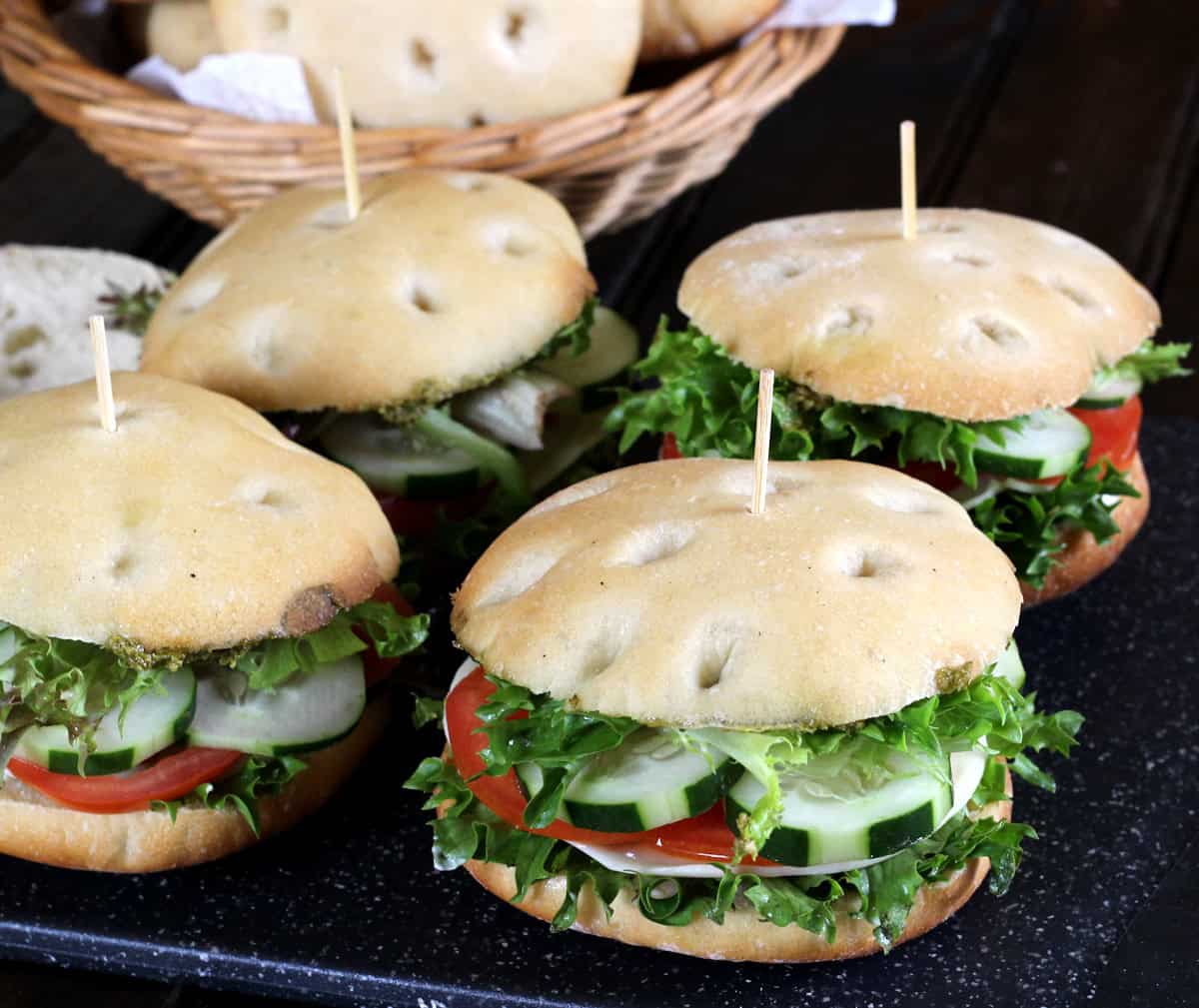 Ciabatta sandwich with mozzarella, pesto, cucumber & tomatoes. Caprese Sandwich. Lunch sandwich ideas.
