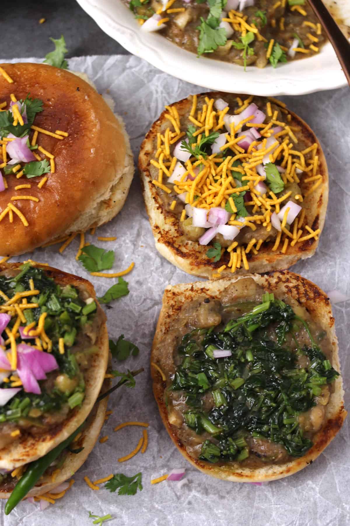 Freshly made coriander masala, pav bhaji curry and dinner rolls (pav).