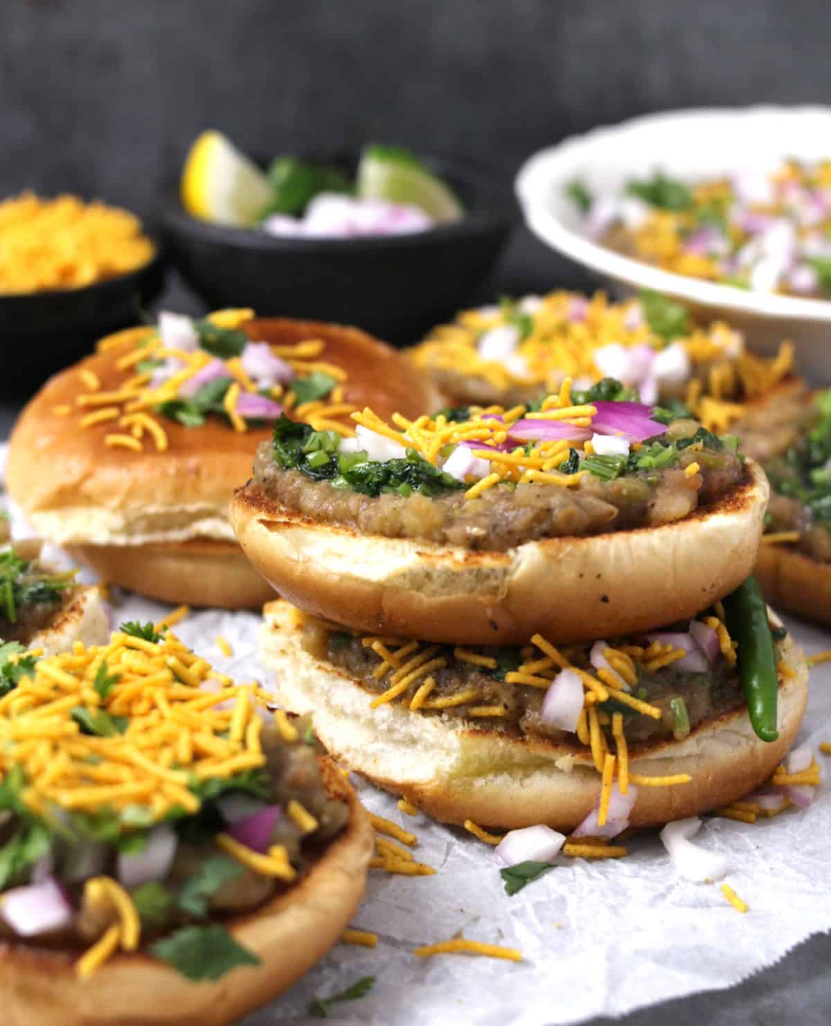 Indian street food recipe - mumbai coriander masala pav with buttery ladi pav and pav bhaji curry.