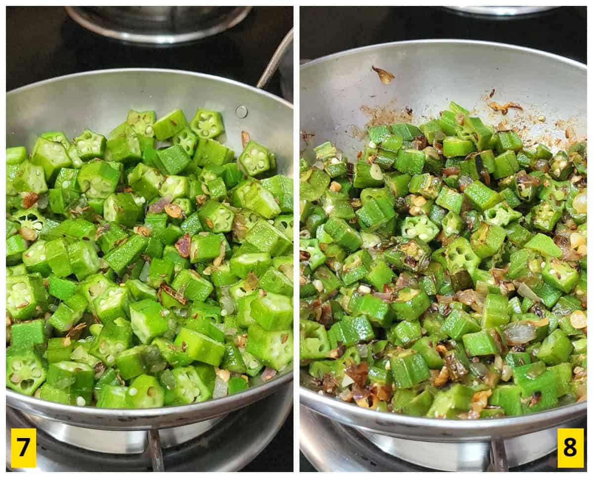 Making of pan fried or sti fried okra (bhindi, ladyfinger).