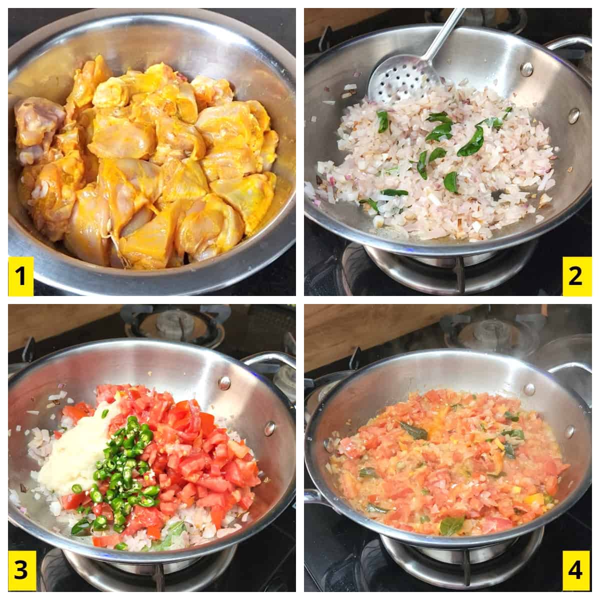 Marinating chicken and making onion tomato masala.