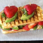 Spicy strawberry avocado grilled cheese sandwich with cashew butter. Unique breakfast and snack.