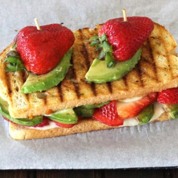 Spicy strawberry avocado grilled cheese sandwich with cashew butter. Unique breakfast and snack.