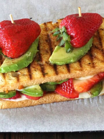 Spicy strawberry avocado grilled cheese sandwich with cashew butter. Unique breakfast and snack.