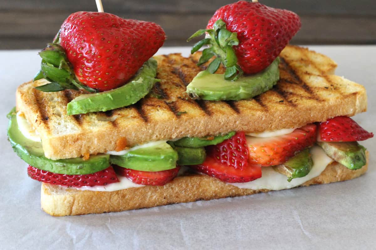 Spicy strawberry avocado grilled cheese sandwich recipe with cashew butter.