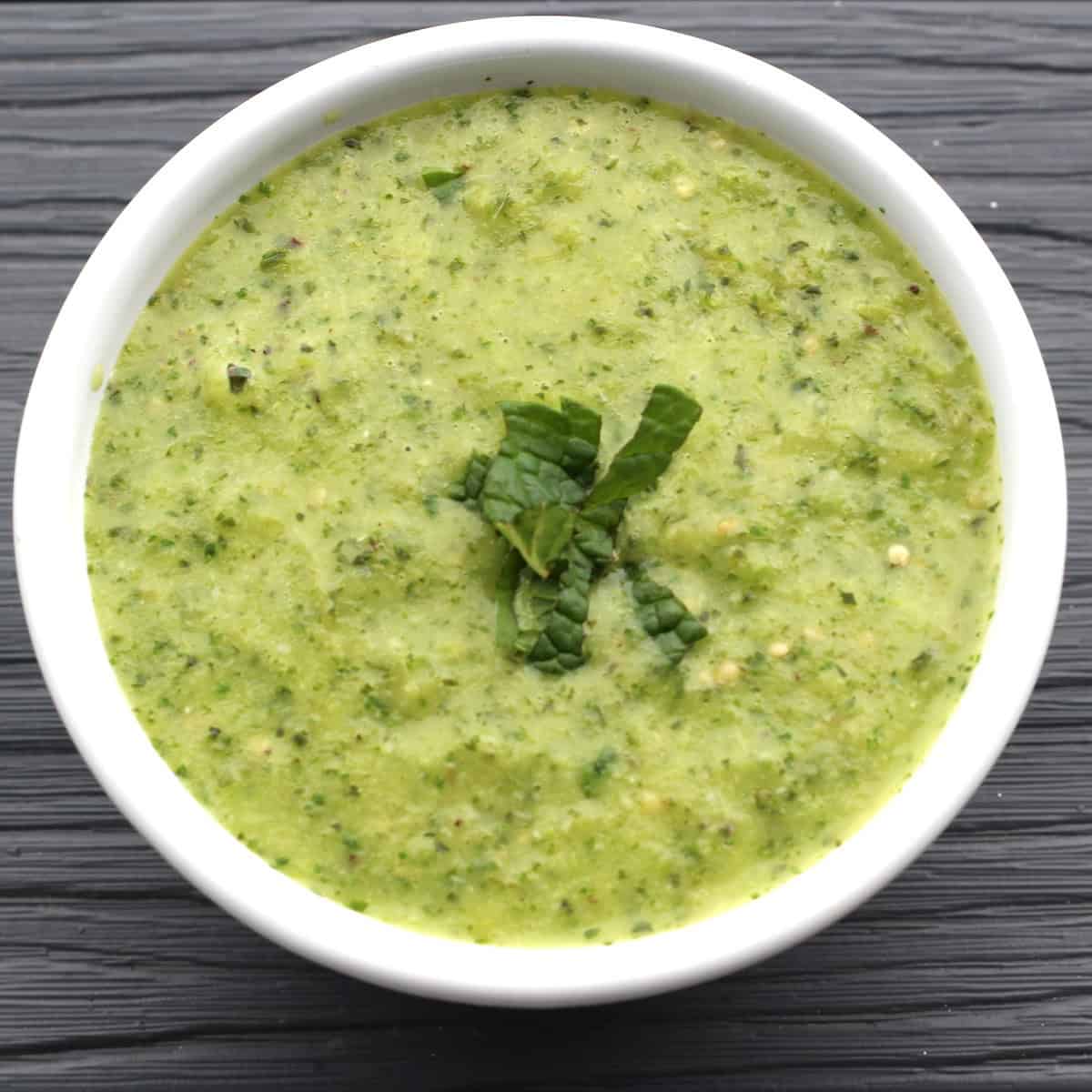 Green dip with tomatillo, cilantro, mint and garlic. quick side dish or appetizer.