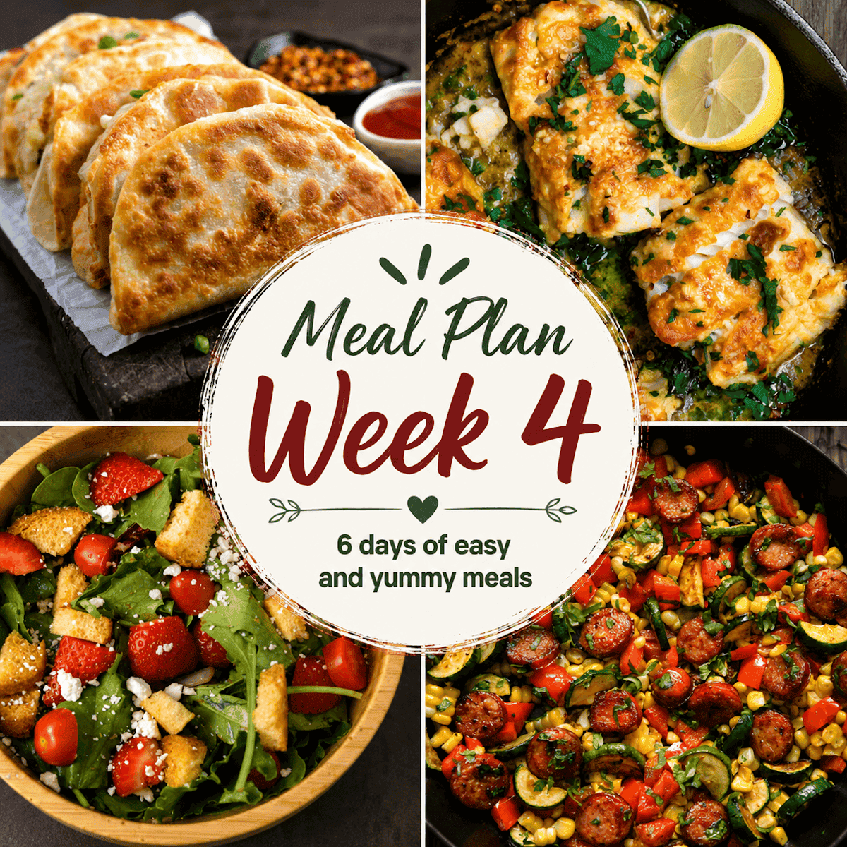 Collage showing 4 dishes that are part of the 4th weekly meal plan.