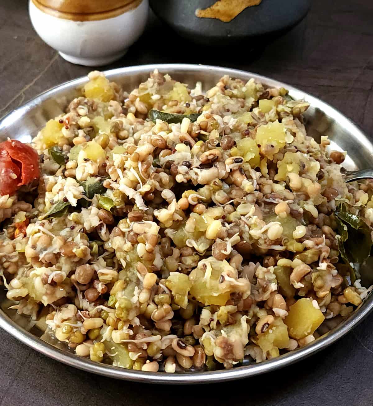 Sprouted beans and sweet potatoes - one pot, high protein meal recipe.
