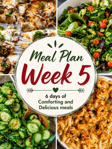 Collage of 4 dishes that are part of Meal Plan 5 - Pizza, Garden salad, Asian salad, Cajun Shrimp Pasta