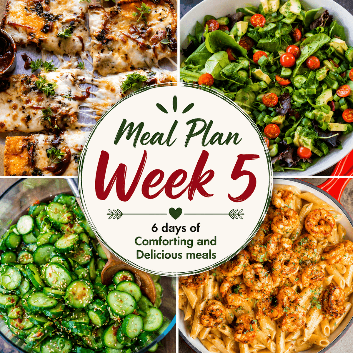 Collage of 4 dishes -pizza, garden salad, asian salad, cajun shrimp pasta - for Meal Plan #5