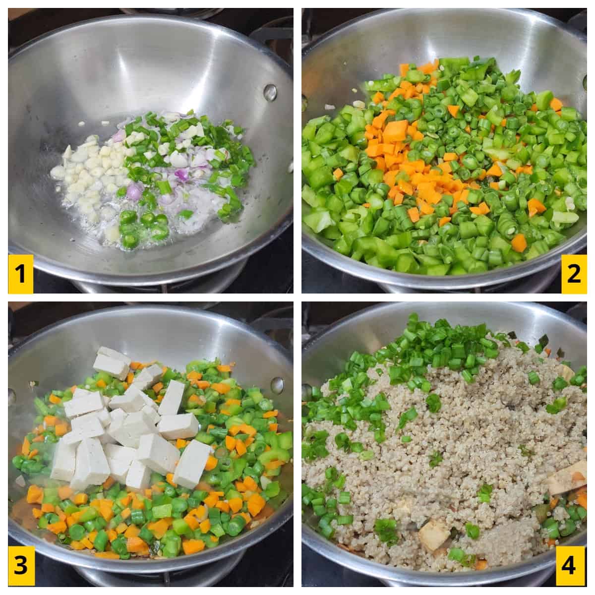 Making a take-out-style quinoa fried rice recipe with tofu and vegetables.