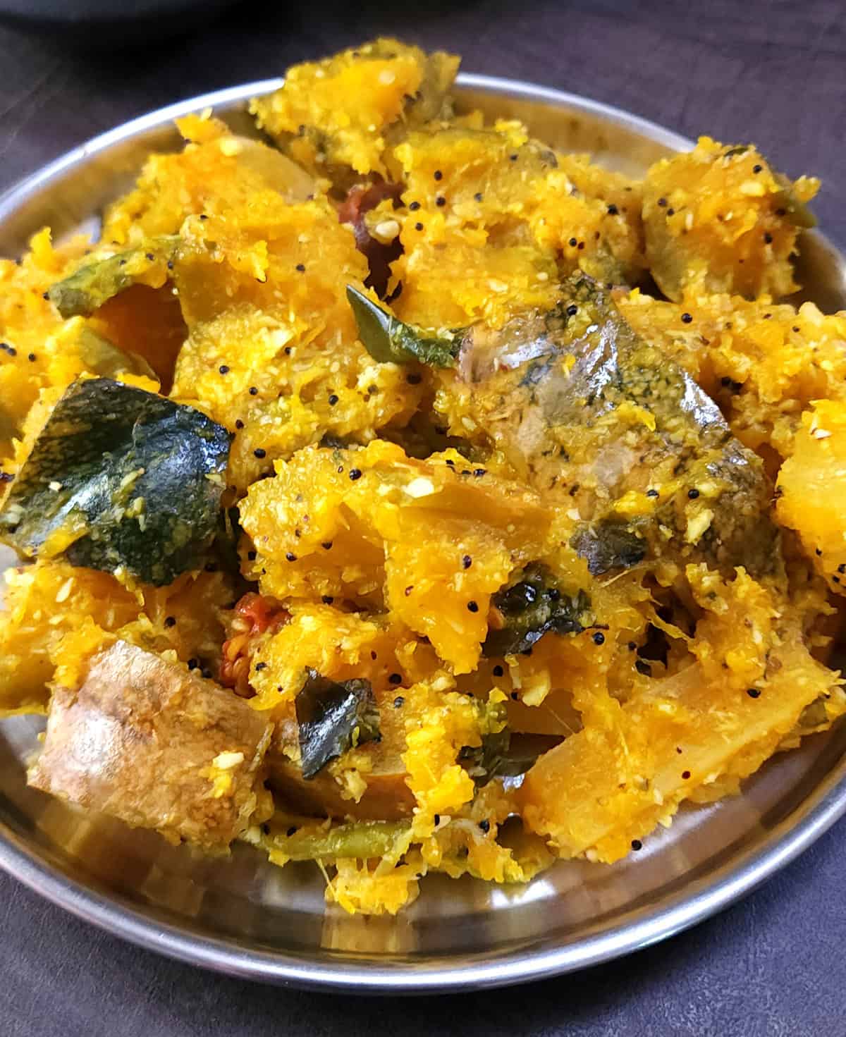Temple style sabzi or upkari with pumpkin (dudde) - Mangalorean style.