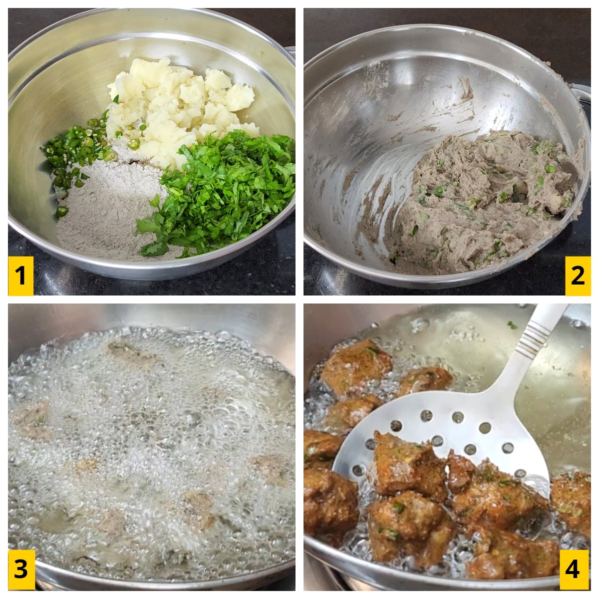 Making of crispy pakoras with kuttu atta for Hindu fasting days.