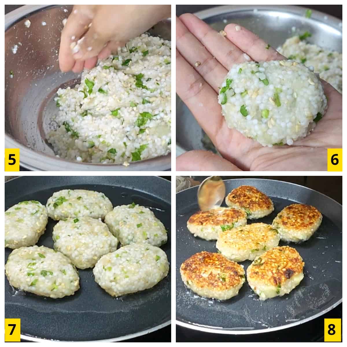 Form patties and cook sabudana tikki until crispy.
